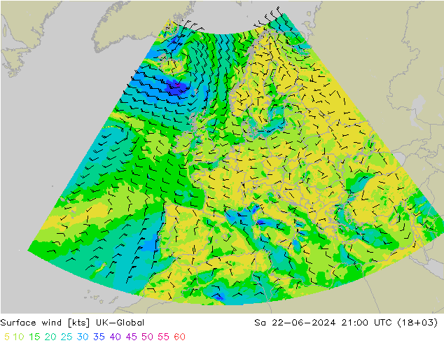 Wind 10 m UK-Global za 22.06.2024 21 UTC