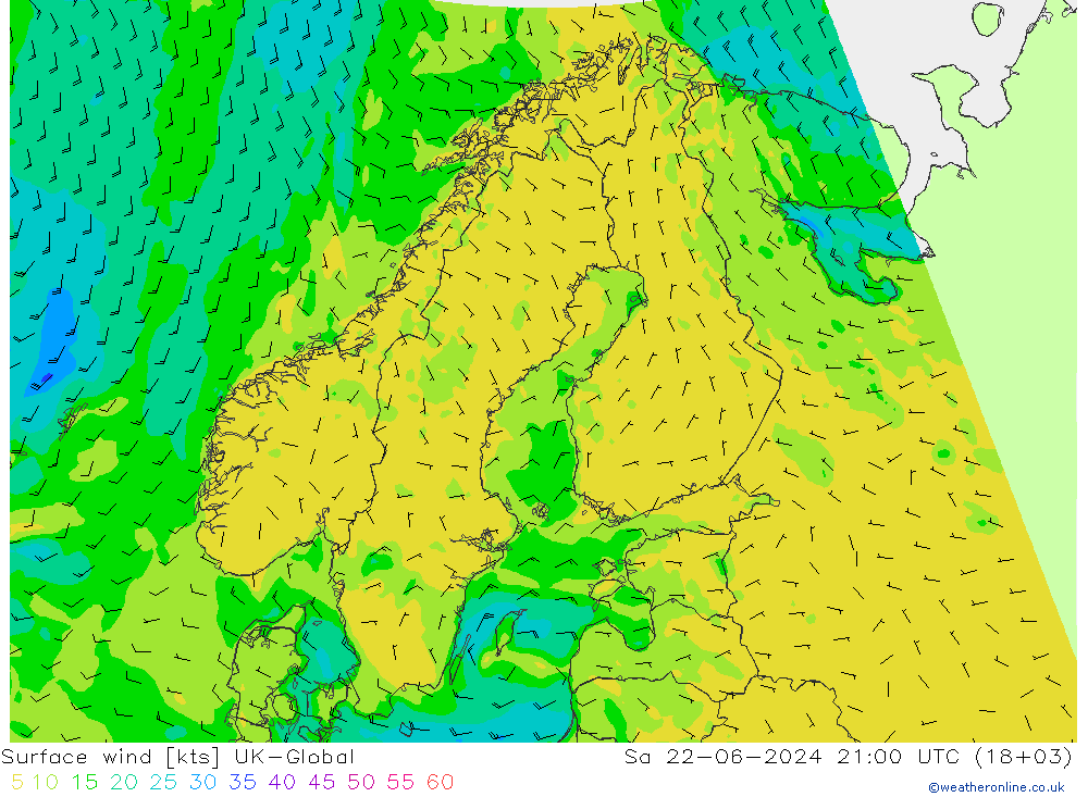 Vent 10 m UK-Global sam 22.06.2024 21 UTC