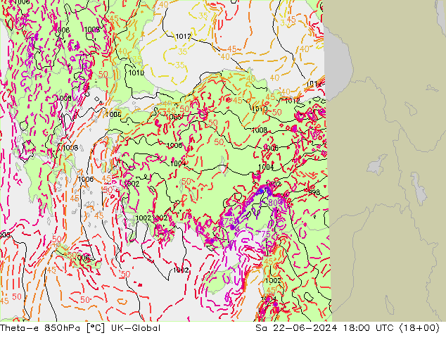 Theta-e 850hPa UK-Global Sa 22.06.2024 18 UTC