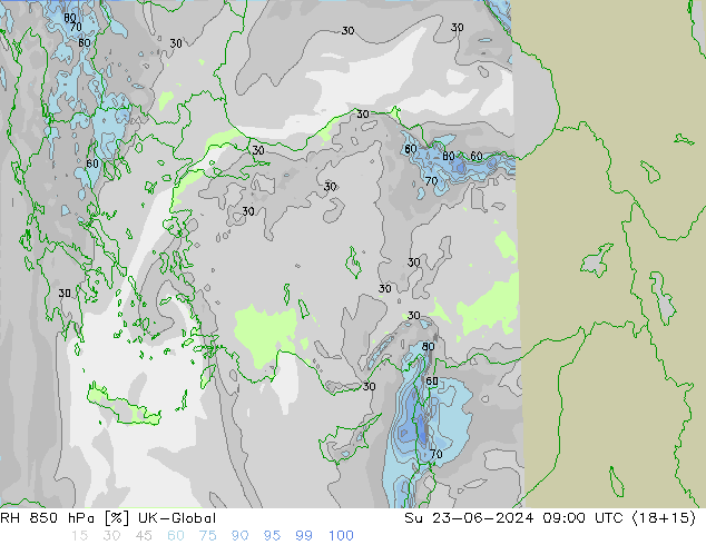 RH 850 hPa UK-Global Su 23.06.2024 09 UTC