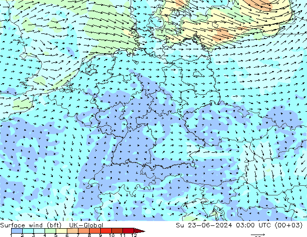 Viento 10 m (bft) UK-Global dom 23.06.2024 03 UTC