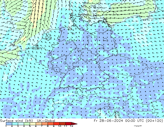 Wind 10 m (bft) UK-Global vr 28.06.2024 00 UTC