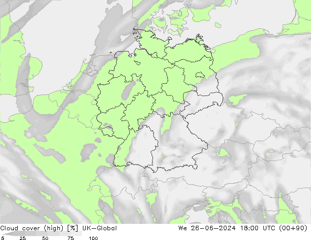 Cloud cover (high) UK-Global We 26.06.2024 18 UTC