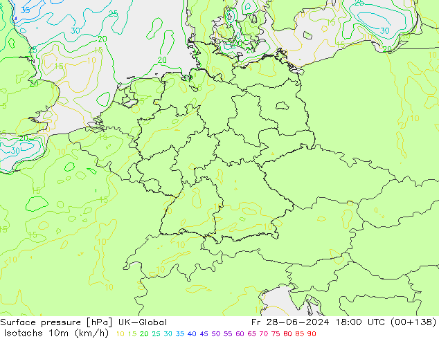 Isotachs (kph) UK-Global Fr 28.06.2024 18 UTC