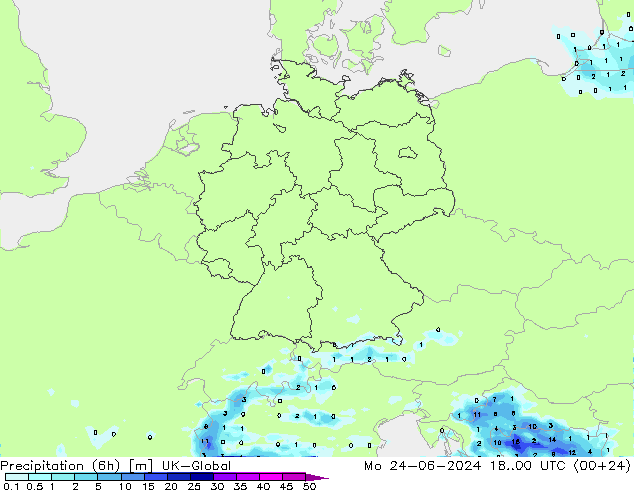 Precipitation (6h) UK-Global Mo 24.06.2024 00 UTC