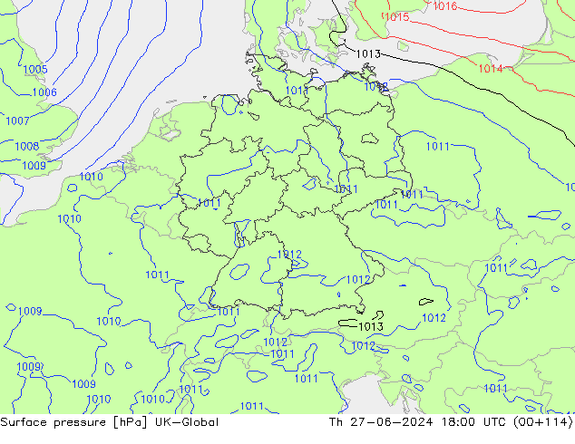 Surface pressure UK-Global Th 27.06.2024 18 UTC