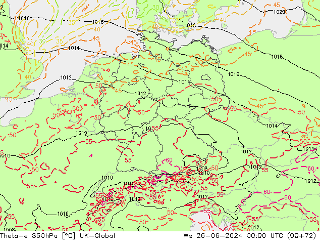 Theta-e 850hPa UK-Global Qua 26.06.2024 00 UTC