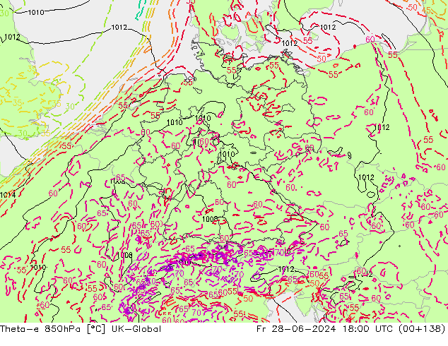 Theta-e 850hPa UK-Global pt. 28.06.2024 18 UTC