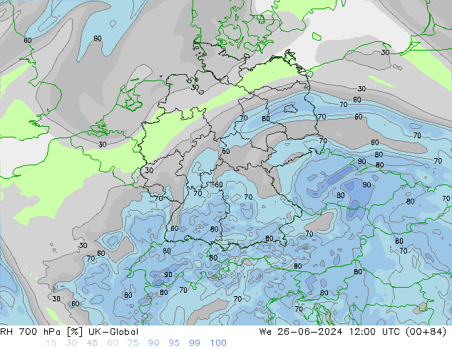 RH 700 hPa UK-Global Mi 26.06.2024 12 UTC