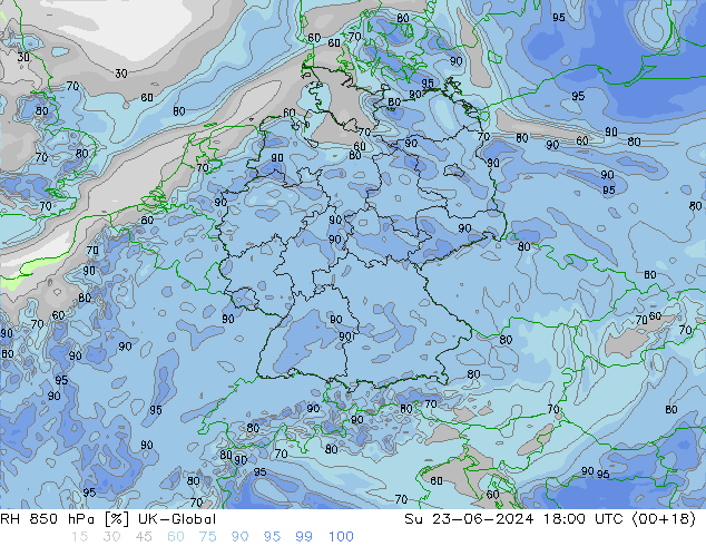 RH 850 hPa UK-Global dom 23.06.2024 18 UTC