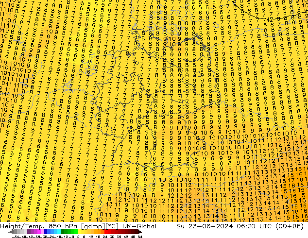 Height/Temp. 850 hPa UK-Global So 23.06.2024 06 UTC