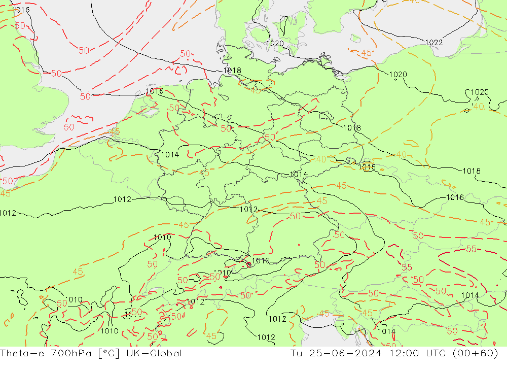 Theta-e 700hPa UK-Global  25.06.2024 12 UTC