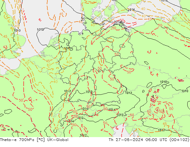 Theta-e 700hPa UK-Global Th 27.06.2024 06 UTC