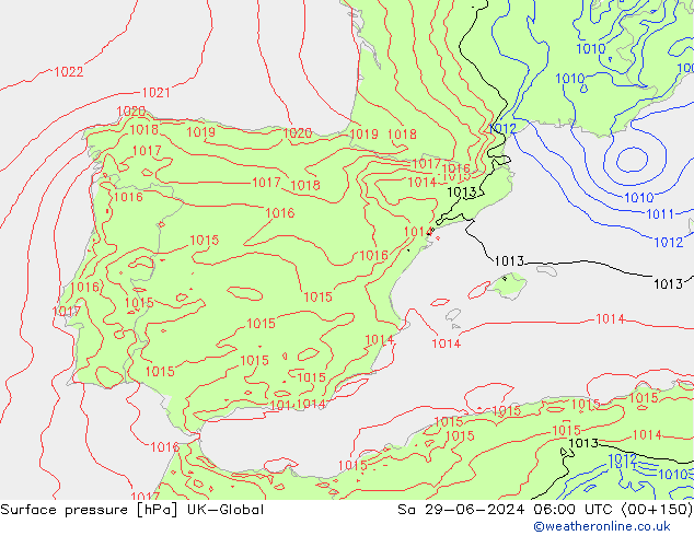 Pressione al suolo UK-Global sab 29.06.2024 06 UTC