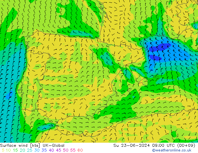 Surface wind UK-Global Su 23.06.2024 09 UTC