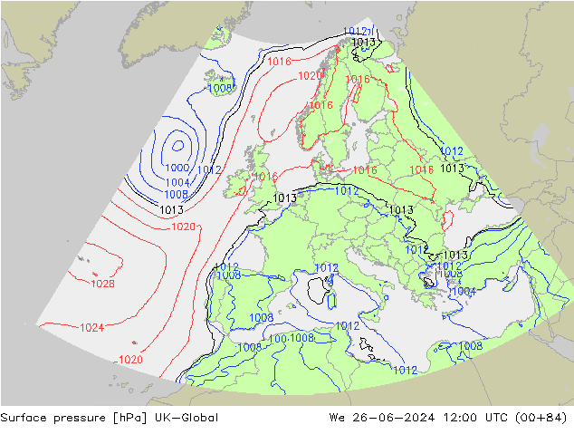 Presión superficial UK-Global mié 26.06.2024 12 UTC