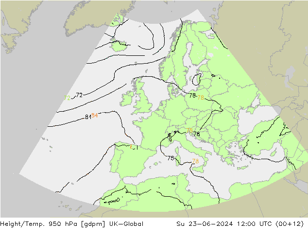 Height/Temp. 950 hPa UK-Global Su 23.06.2024 12 UTC