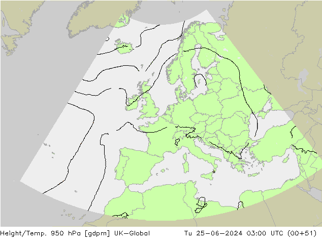 Height/Temp. 950 hPa UK-Global Tu 25.06.2024 03 UTC