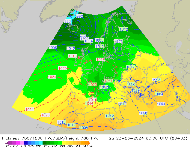Thck 700-1000 hPa UK-Global 星期日 23.06.2024 03 UTC