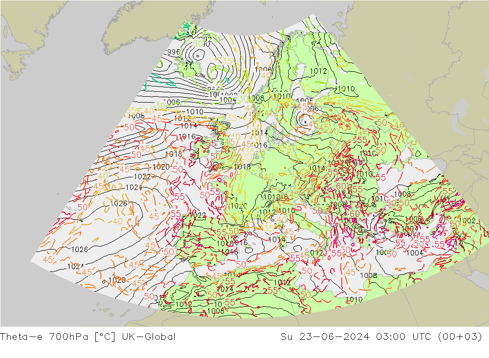 Theta-e 700hPa UK-Global 星期日 23.06.2024 03 UTC