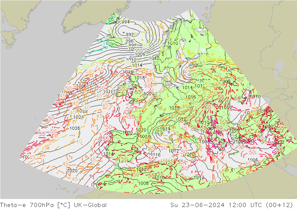 Theta-e 700hPa UK-Global dom 23.06.2024 12 UTC