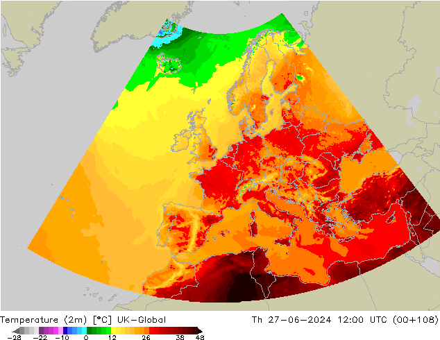 Temperatuurkaart (2m) UK-Global do 27.06.2024 12 UTC