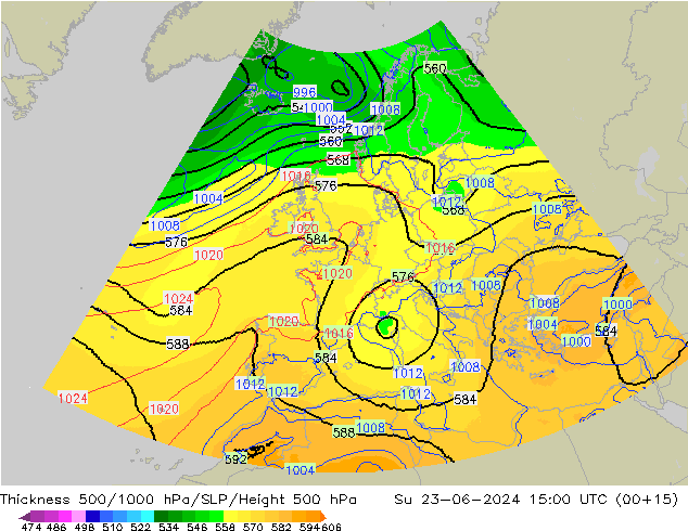 Espesor 500-1000 hPa UK-Global dom 23.06.2024 15 UTC