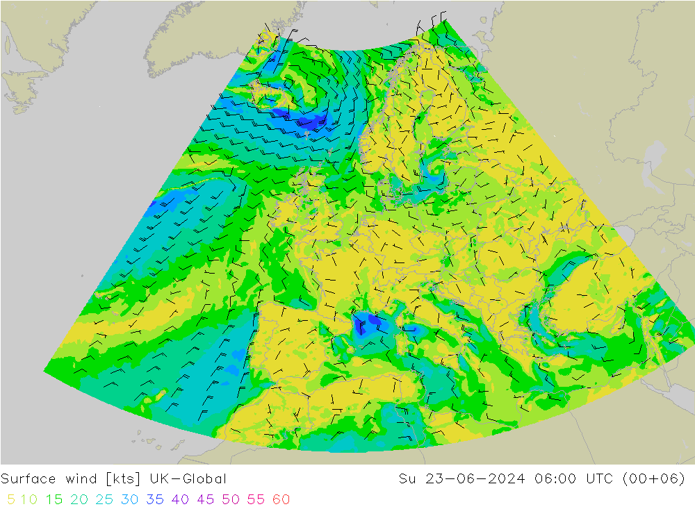 Wind 10 m UK-Global zo 23.06.2024 06 UTC