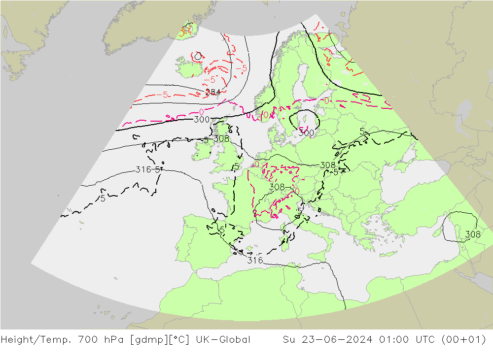 Height/Temp. 700 hPa UK-Global 星期日 23.06.2024 01 UTC