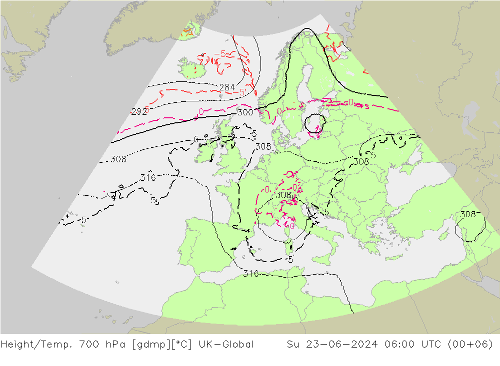 Height/Temp. 700 hPa UK-Global 星期日 23.06.2024 06 UTC