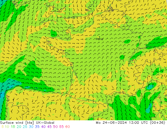 Viento 10 m UK-Global lun 24.06.2024 12 UTC