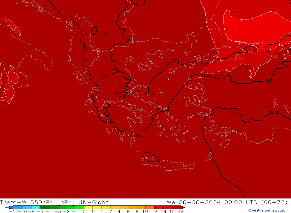 Theta-W 850hPa UK-Global We 26.06.2024 00 UTC