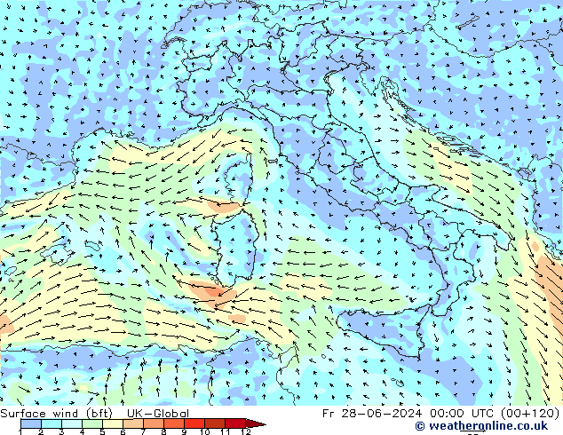 Rüzgar 10 m (bft) UK-Global Cu 28.06.2024 00 UTC