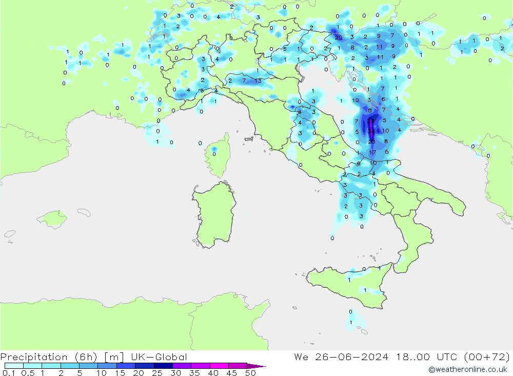 Precipitation (6h) UK-Global St 26.06.2024 00 UTC