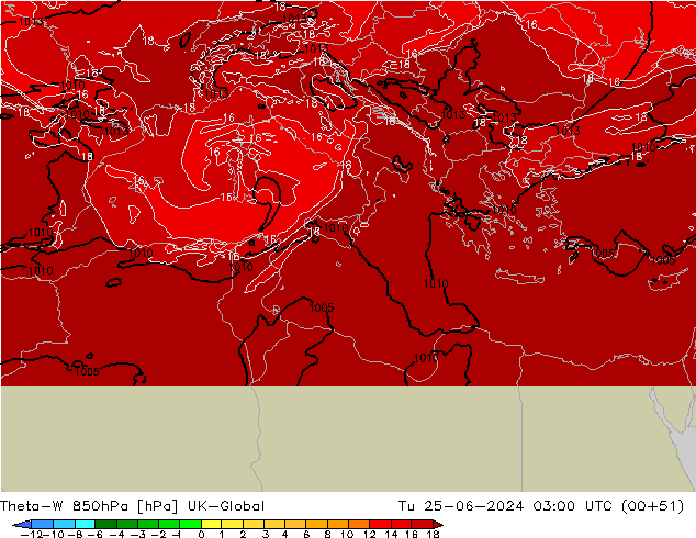 Theta-W 850гПа UK-Global вт 25.06.2024 03 UTC