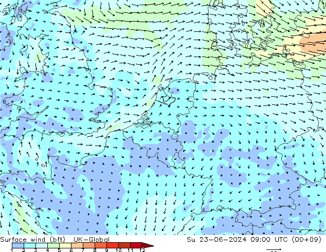 Surface wind (bft) UK-Global Su 23.06.2024 09 UTC