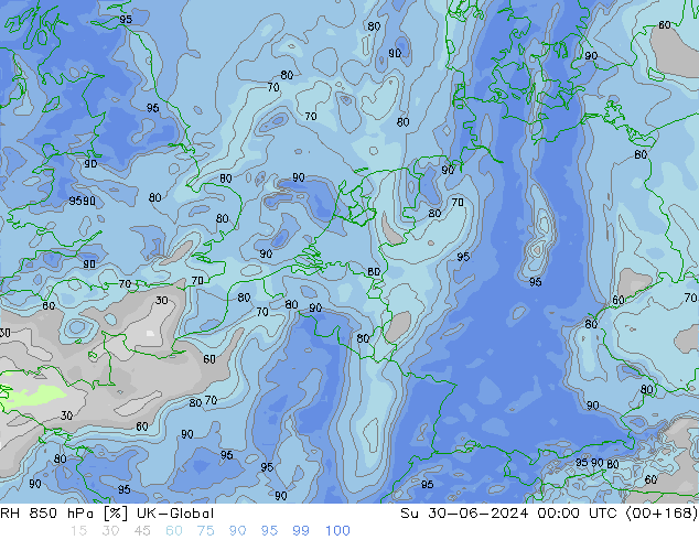 RH 850 hPa UK-Global nie. 30.06.2024 00 UTC