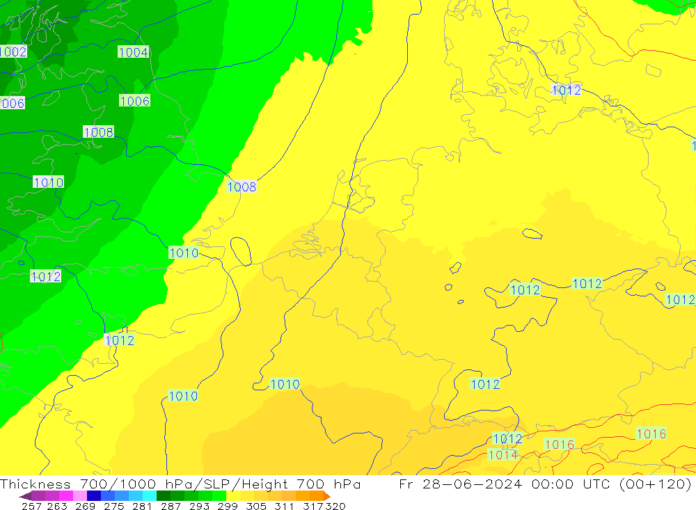 Thck 700-1000 hPa UK-Global Fr 28.06.2024 00 UTC