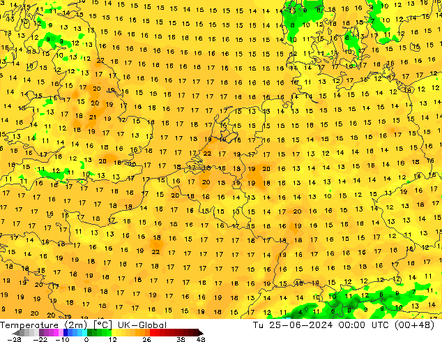 Temperature (2m) UK-Global Út 25.06.2024 00 UTC