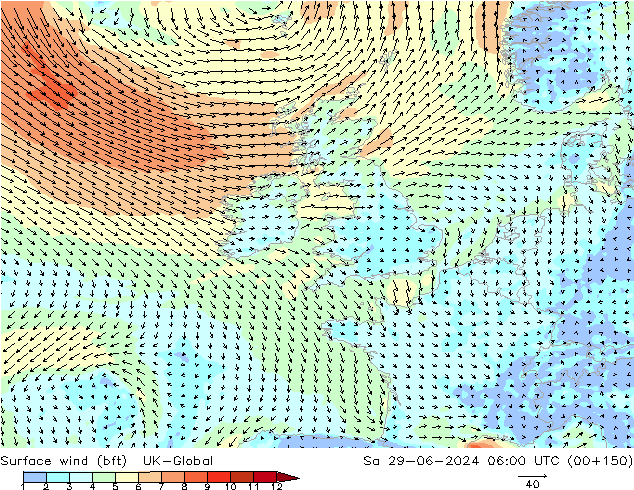 Vent 10 m (bft) UK-Global sam 29.06.2024 06 UTC