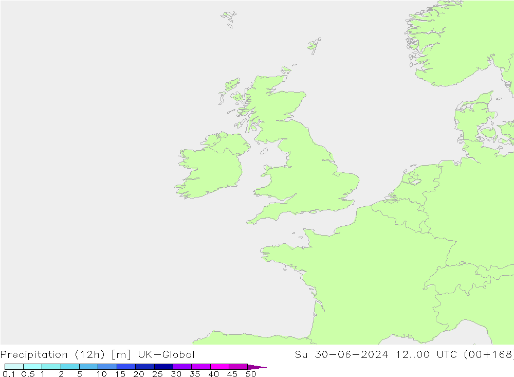 Totale neerslag (12h) UK-Global zo 30.06.2024 00 UTC