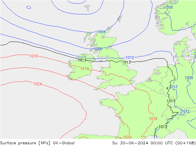 Pressione al suolo UK-Global dom 30.06.2024 00 UTC