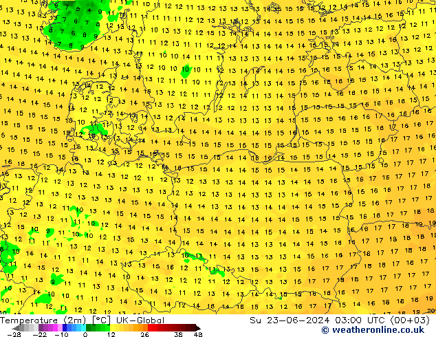 Temperature (2m) UK-Global Su 23.06.2024 03 UTC