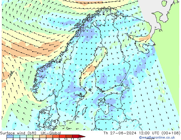 Surface wind (bft) UK-Global Th 27.06.2024 12 UTC