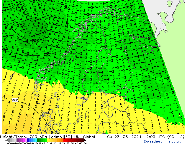 Height/Temp. 700 hPa UK-Global  23.06.2024 12 UTC