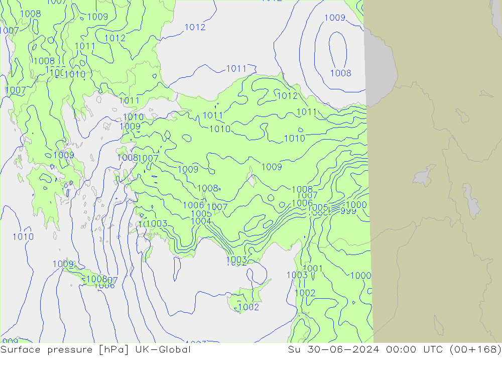 Surface pressure UK-Global Su 30.06.2024 00 UTC