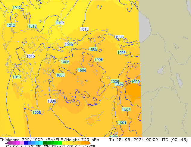 Thck 700-1000 hPa UK-Global Tu 25.06.2024 00 UTC