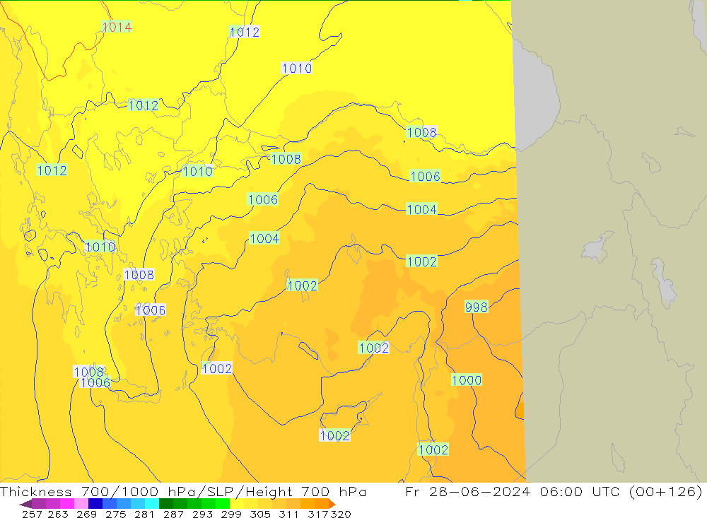 Thck 700-1000 hPa UK-Global Fr 28.06.2024 06 UTC