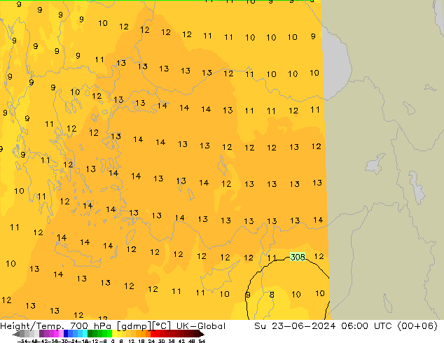 Height/Temp. 700 hPa UK-Global Su 23.06.2024 06 UTC