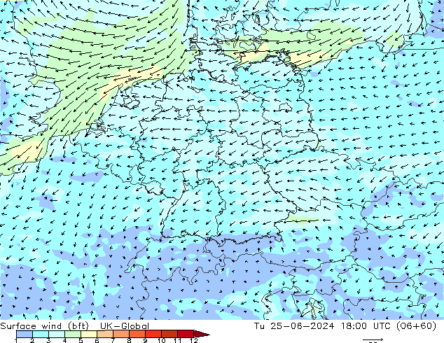 Vento 10 m (bft) UK-Global Ter 25.06.2024 18 UTC